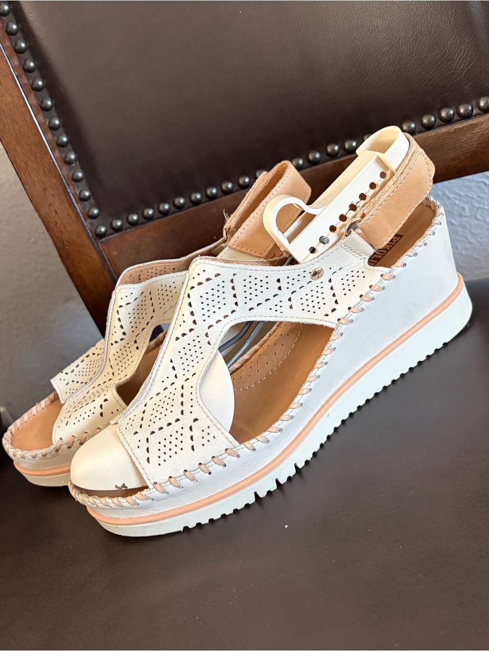 PIKOLINOS Cream and Tan Perforated Wedge Sandals